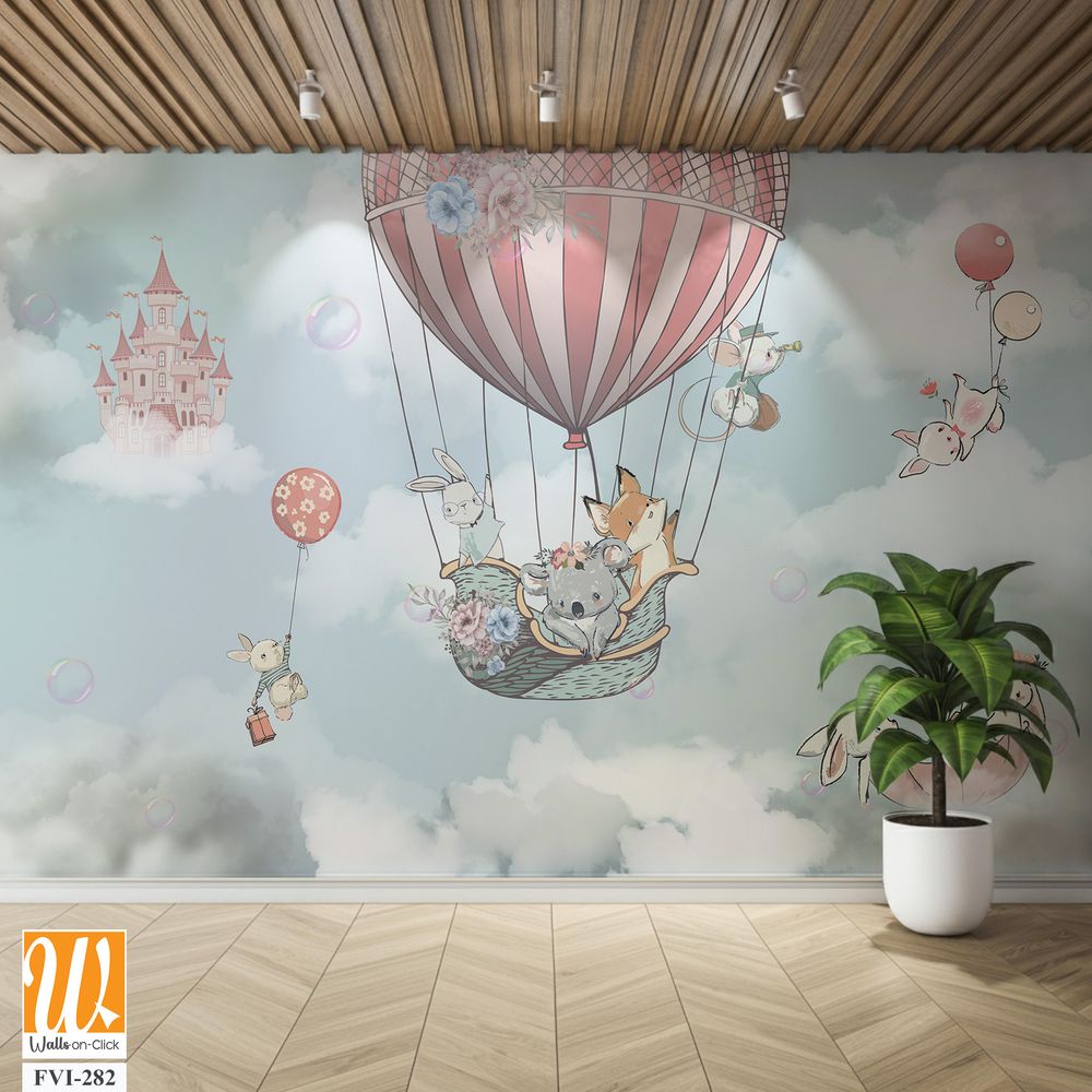 Baby animals in hot air balloons above fluffy clouds [WP-FVI-282]