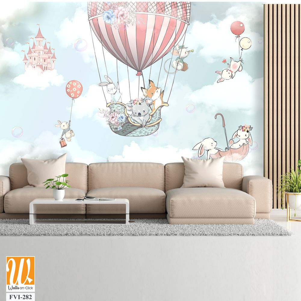 Baby animals in hot air balloons above fluffy clouds [WP-FVI-282]