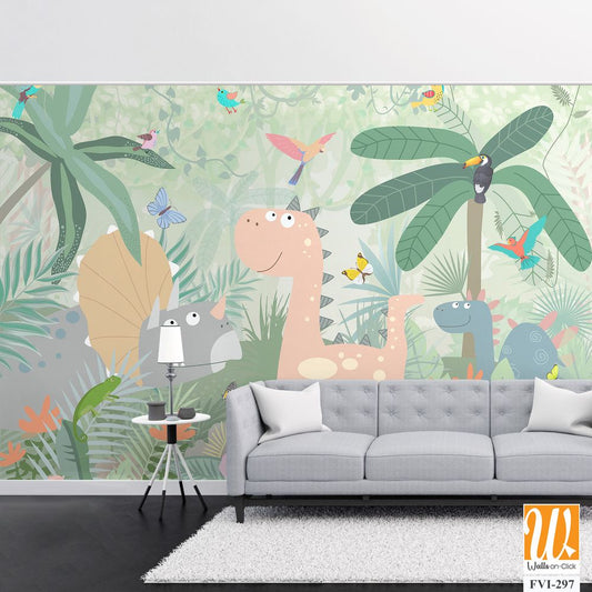 Cute baby dinosaur surrounded by jungle plants [WP-FVI-297]