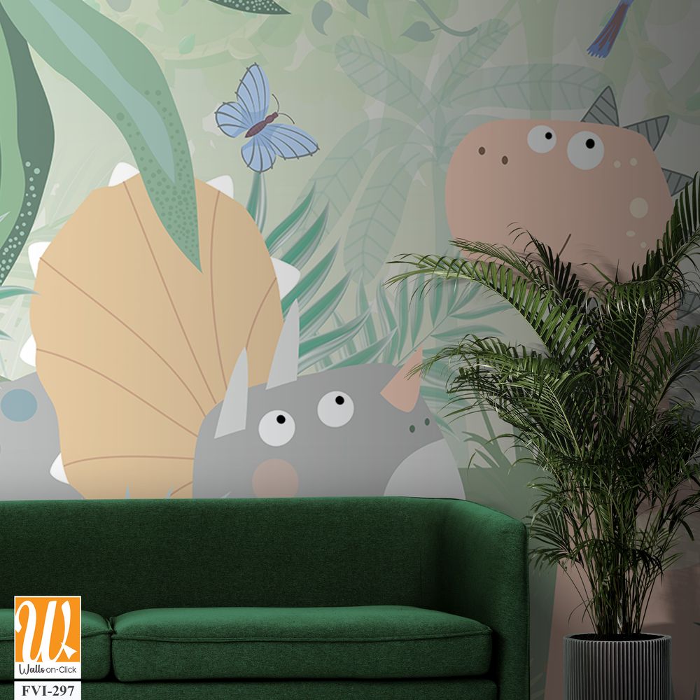 Cute baby dinosaur surrounded by jungle plants [WP-FVI-297]