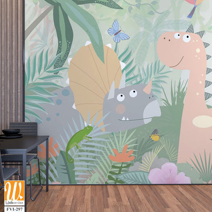 Cute baby dinosaur surrounded by jungle plants [WP-FVI-297]