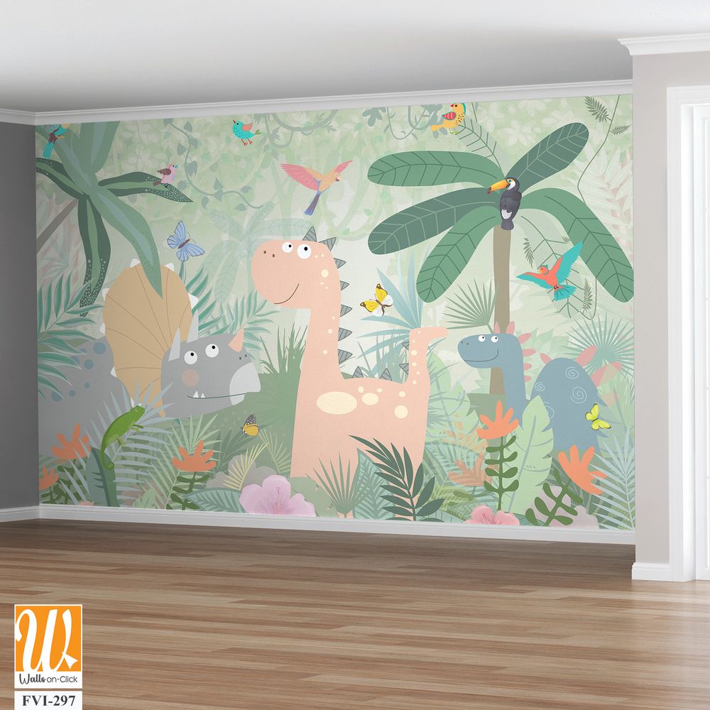 Cute baby dinosaur surrounded by jungle plants [WP-FVI-297]