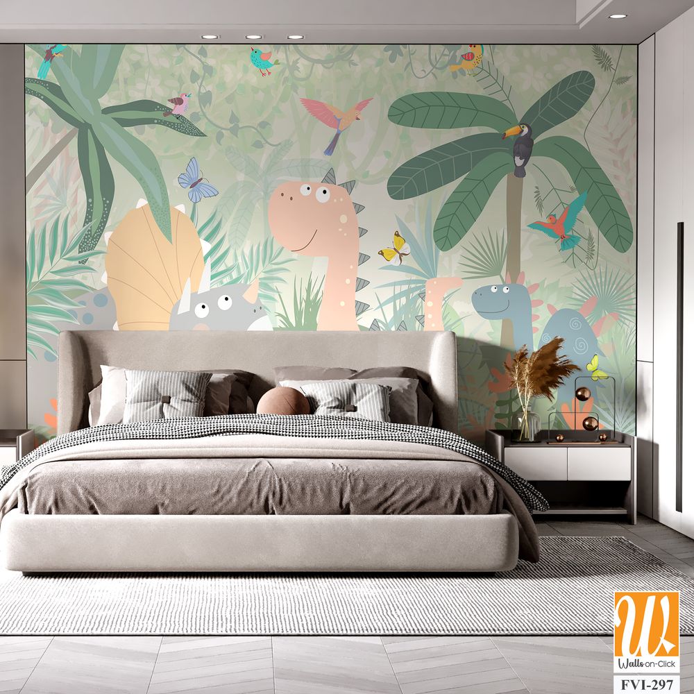 Cute baby dinosaur surrounded by jungle plants [WP-FVI-297]