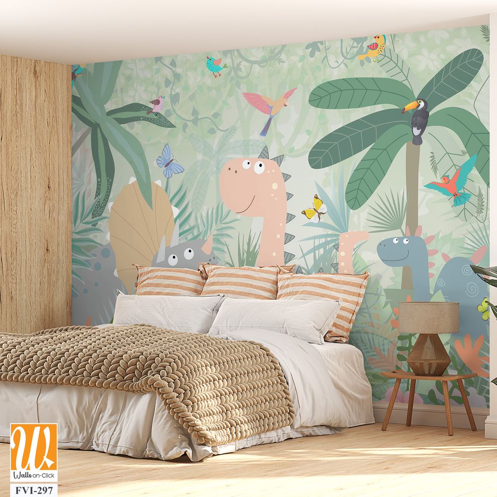 Cute baby dinosaur surrounded by jungle plants [WP-FVI-297]