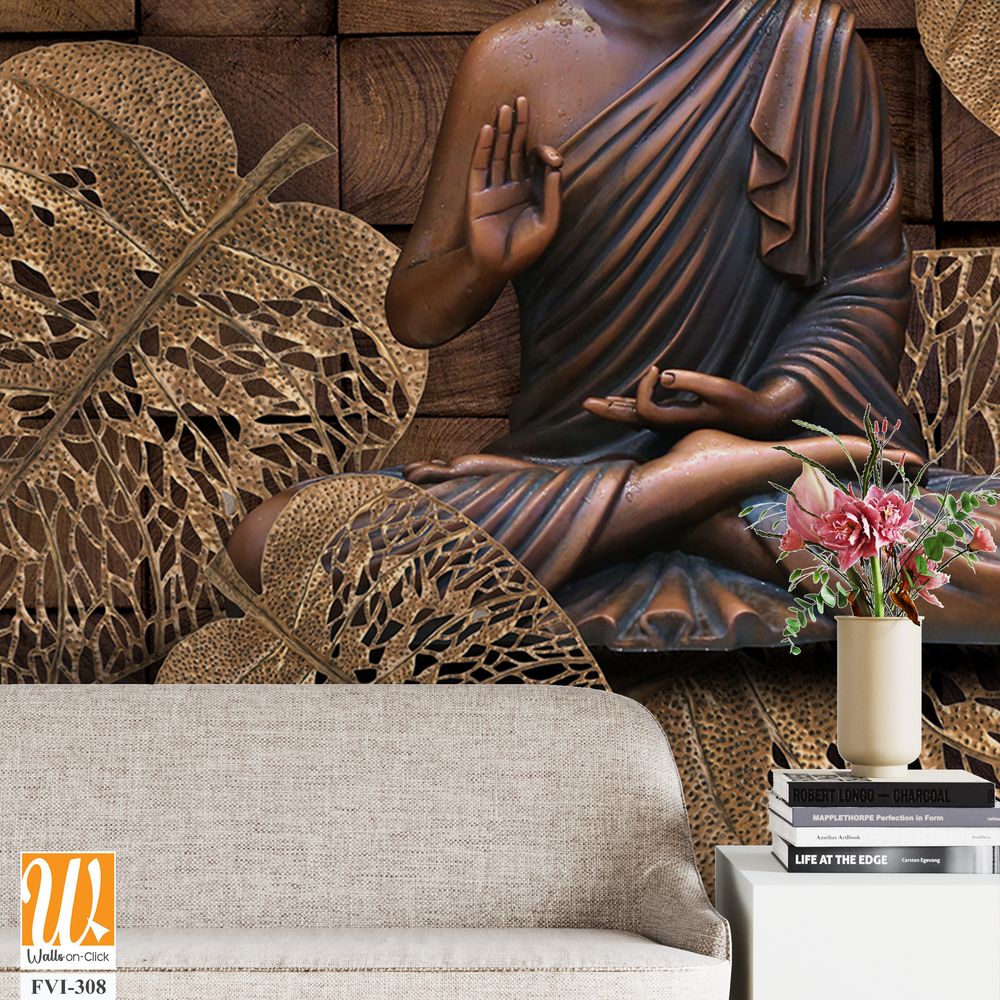 Buddha statue in lotus position by wooden leaves [WP-FVI-308]