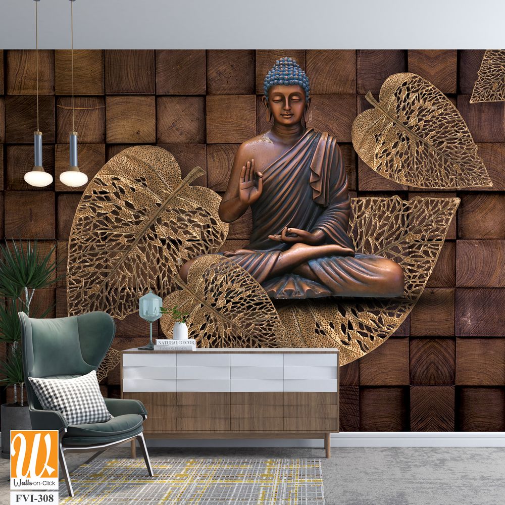 Buddha statue in lotus position by wooden leaves [WP-FVI-308]