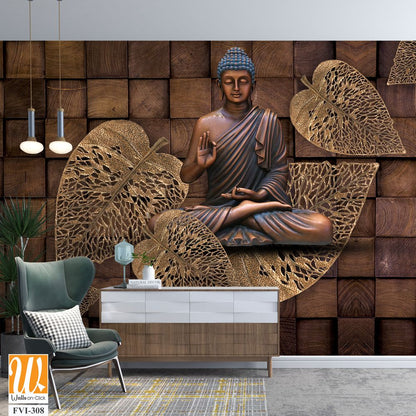 Buddha statue in lotus position by wooden leaves [WP-FVI-308]