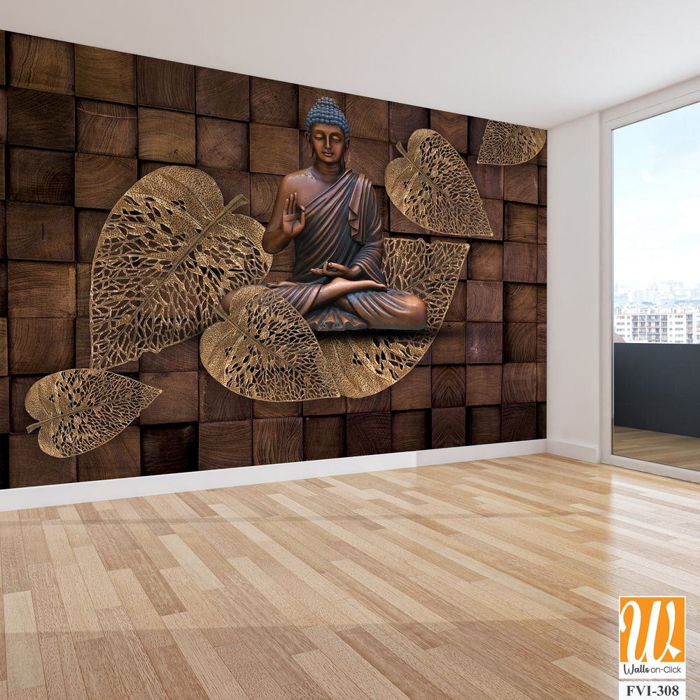 Buddha statue in lotus position by wooden leaves [WP-FVI-308]
