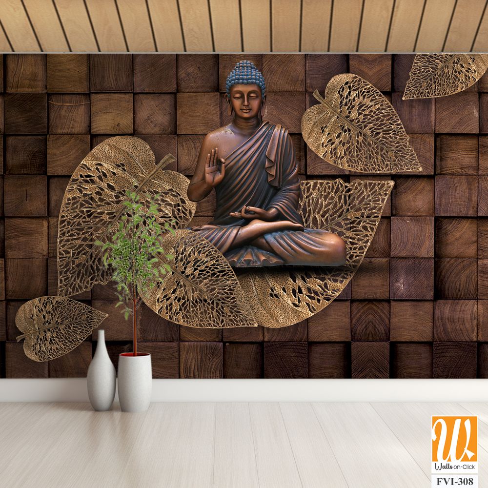 Buddha statue in lotus position by wooden leaves [WP-FVI-308]