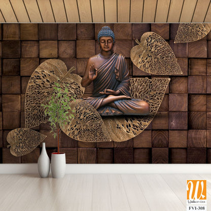 Buddha statue in lotus position by wooden leaves [WP-FVI-308]