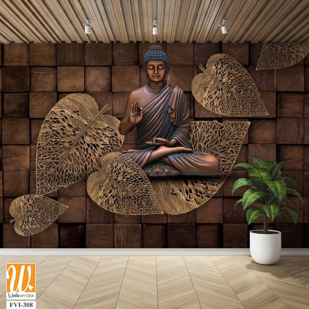 Buddha statue in lotus position by wooden leaves [WP-FVI-308]