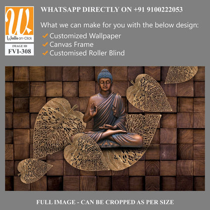 Buddha statue in lotus position by wooden leaves [WP-FVI-308]