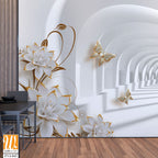 3D white arched tunnel with golden flowers and butterflies [WP-FVJ-043]