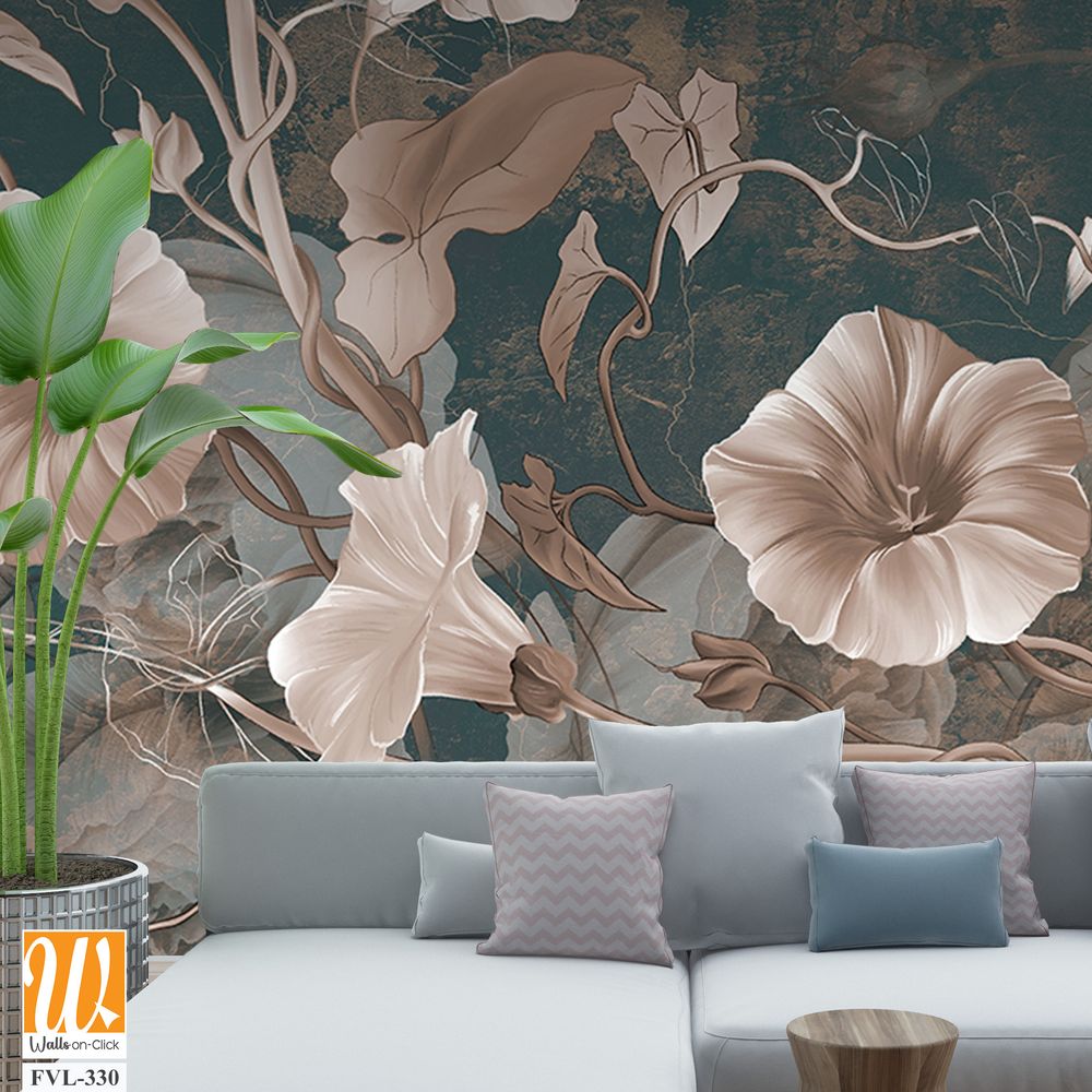 Flowers illustration on dark concrete grunge wall. Loft, modern, classic, baroque, rococo design for interior projects, wallpaper, photo wallpaper, mural, poster, home decor, card. [WP-FVL-330]