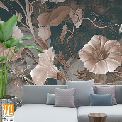 Flowers illustration on dark concrete grunge wall. Loft, modern, classic, baroque, rococo design for interior projects, wallpaper, photo wallpaper, mural, poster, home decor, card. [WP-FVL-330]