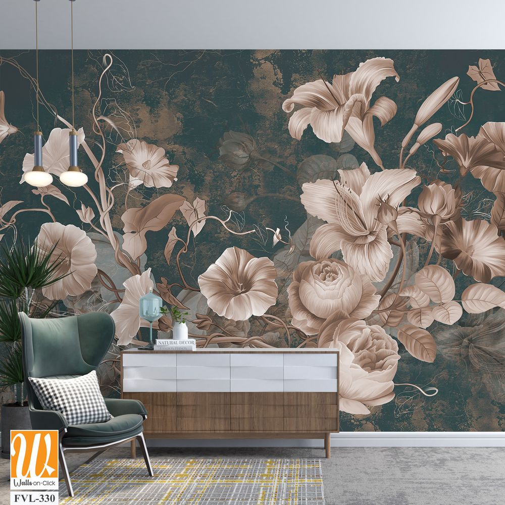 Flowers illustration on dark concrete grunge wall. Loft, modern, classic, baroque, rococo design for interior projects, wallpaper, photo wallpaper, mural, poster, home decor, card. [WP-FVL-330]