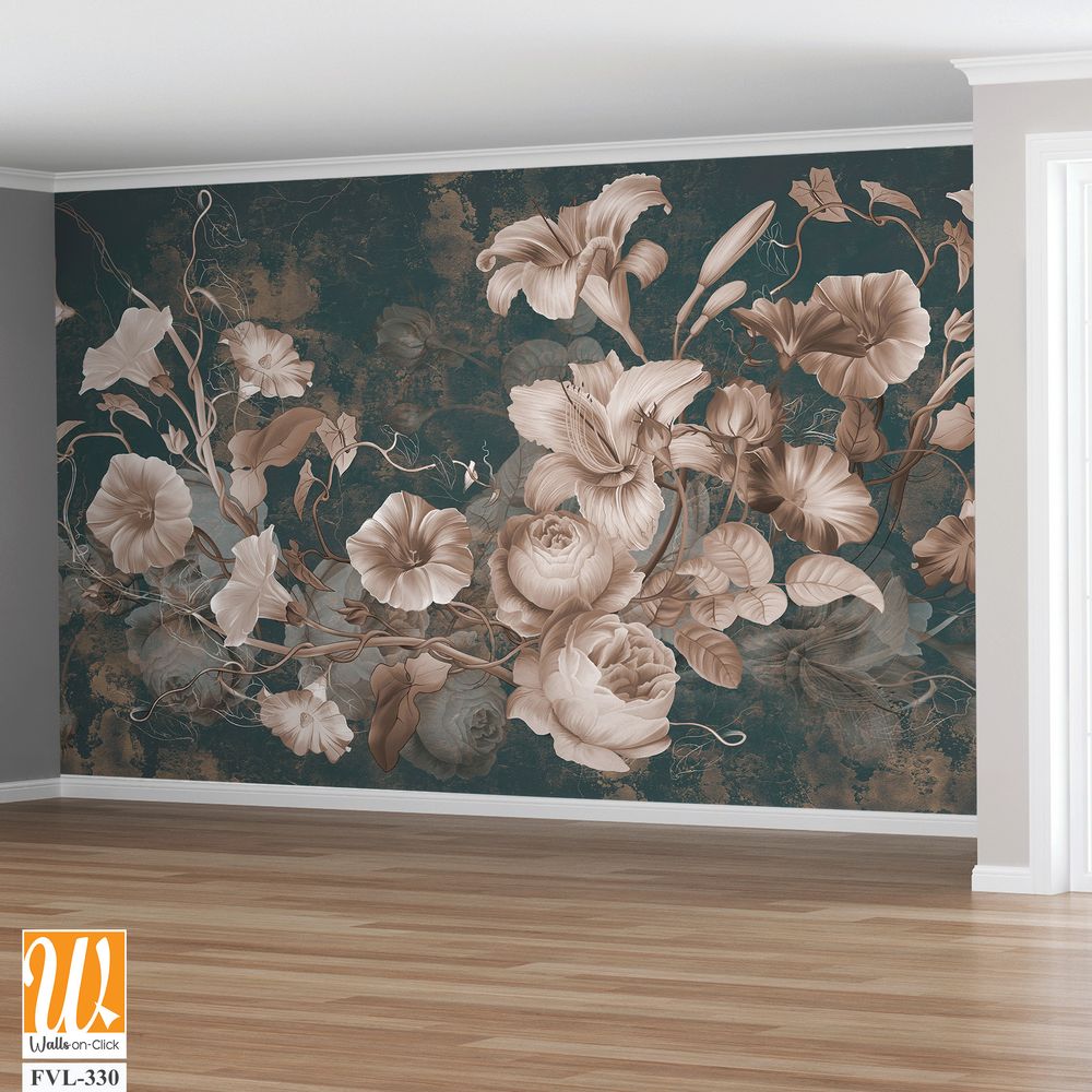 Flowers illustration on dark concrete grunge wall. Loft, modern, classic, baroque, rococo design for interior projects, wallpaper, photo wallpaper, mural, poster, home decor, card. [WP-FVL-330]
