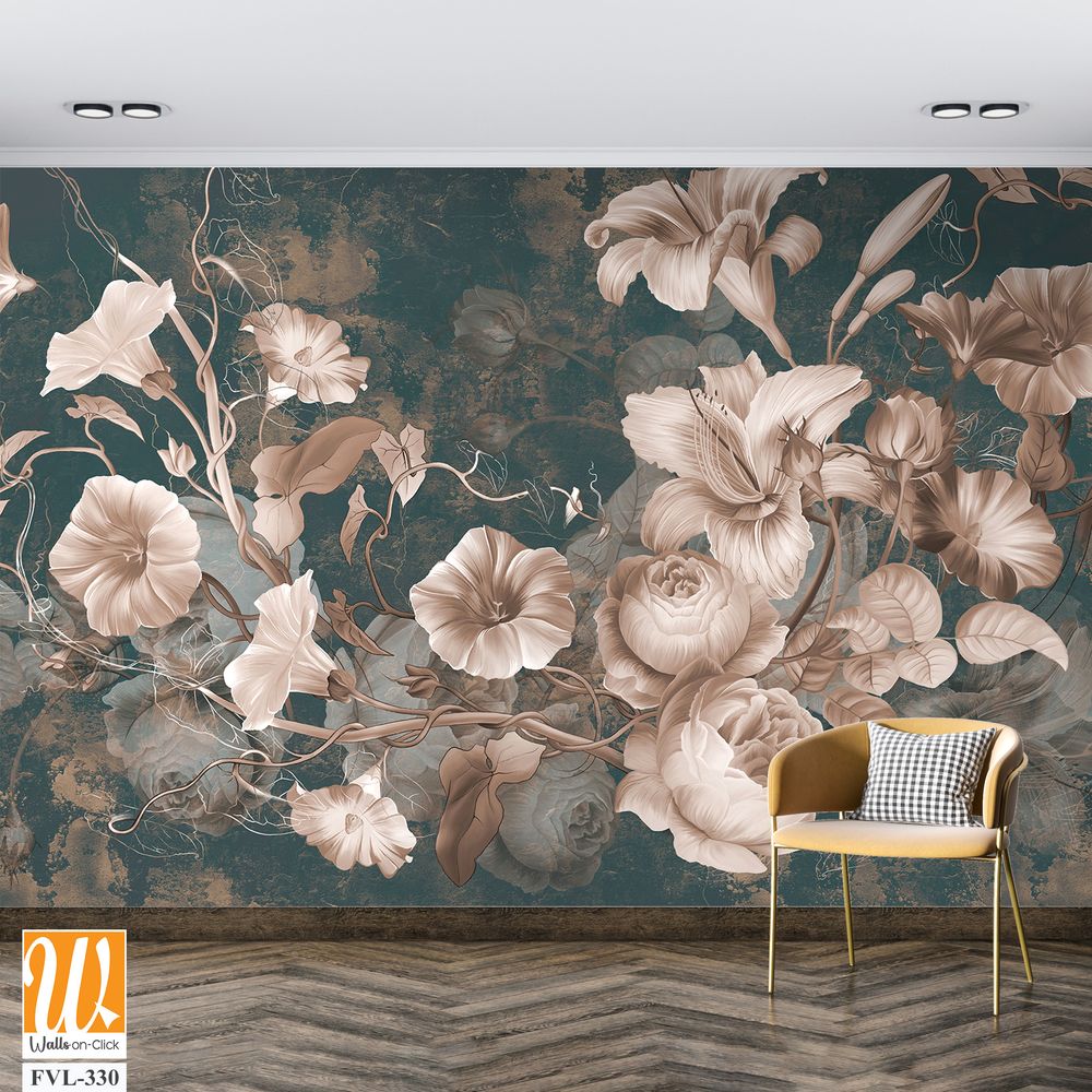 Flowers illustration on dark concrete grunge wall. Loft, modern, classic, baroque, rococo design for interior projects, wallpaper, photo wallpaper, mural, poster, home decor, card. [WP-FVL-330]