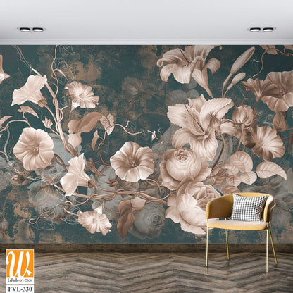 Flowers illustration on dark concrete grunge wall. Loft, modern, classic, baroque, rococo design for interior projects, wallpaper, photo wallpaper, mural, poster, home decor, card. [WP-FVL-330]