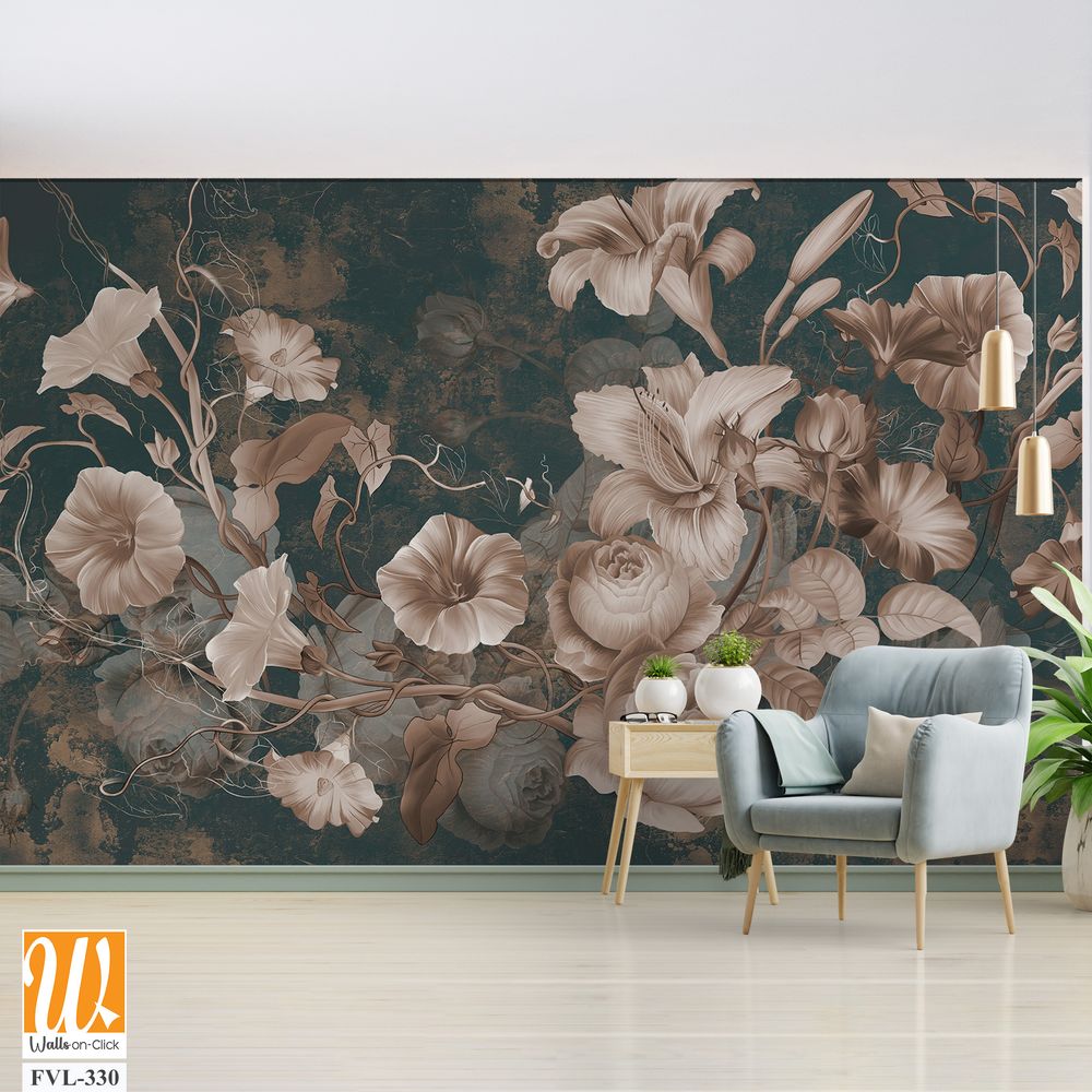 Flowers illustration on dark concrete grunge wall. Loft, modern, classic, baroque, rococo design for interior projects, wallpaper, photo wallpaper, mural, poster, home decor, card. [WP-FVL-330]