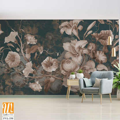 Flowers illustration on dark concrete grunge wall. Loft, modern, classic, baroque, rococo design for interior projects, wallpaper, photo wallpaper, mural, poster, home decor, card. [WP-FVL-330]