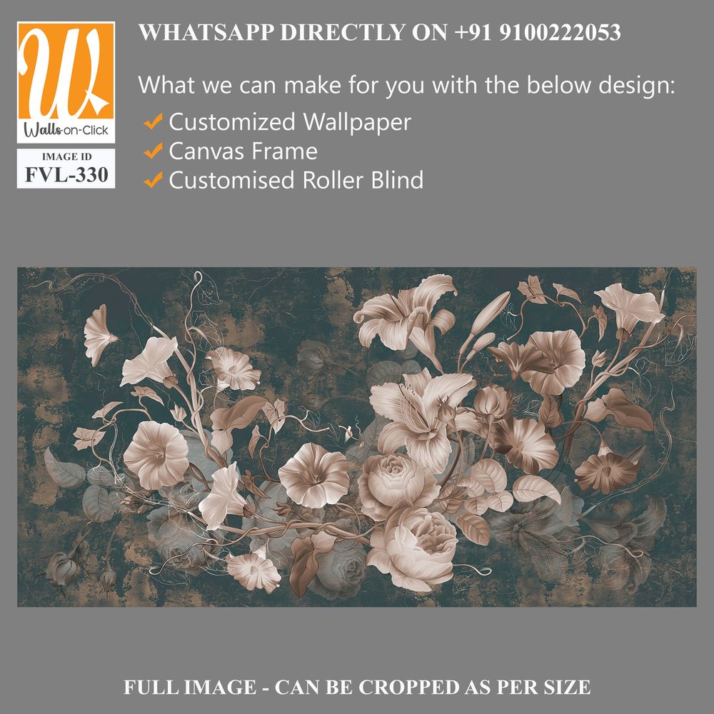 Flowers illustration on dark concrete grunge wall. Loft, modern, classic, baroque, rococo design for interior projects, wallpaper, photo wallpaper, mural, poster, home decor, card. [WP-FVL-330]