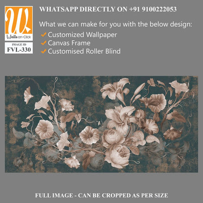 Flowers illustration on dark concrete grunge wall. Loft, modern, classic, baroque, rococo design for interior projects, wallpaper, photo wallpaper, mural, poster, home decor, card. [WP-FVL-330]