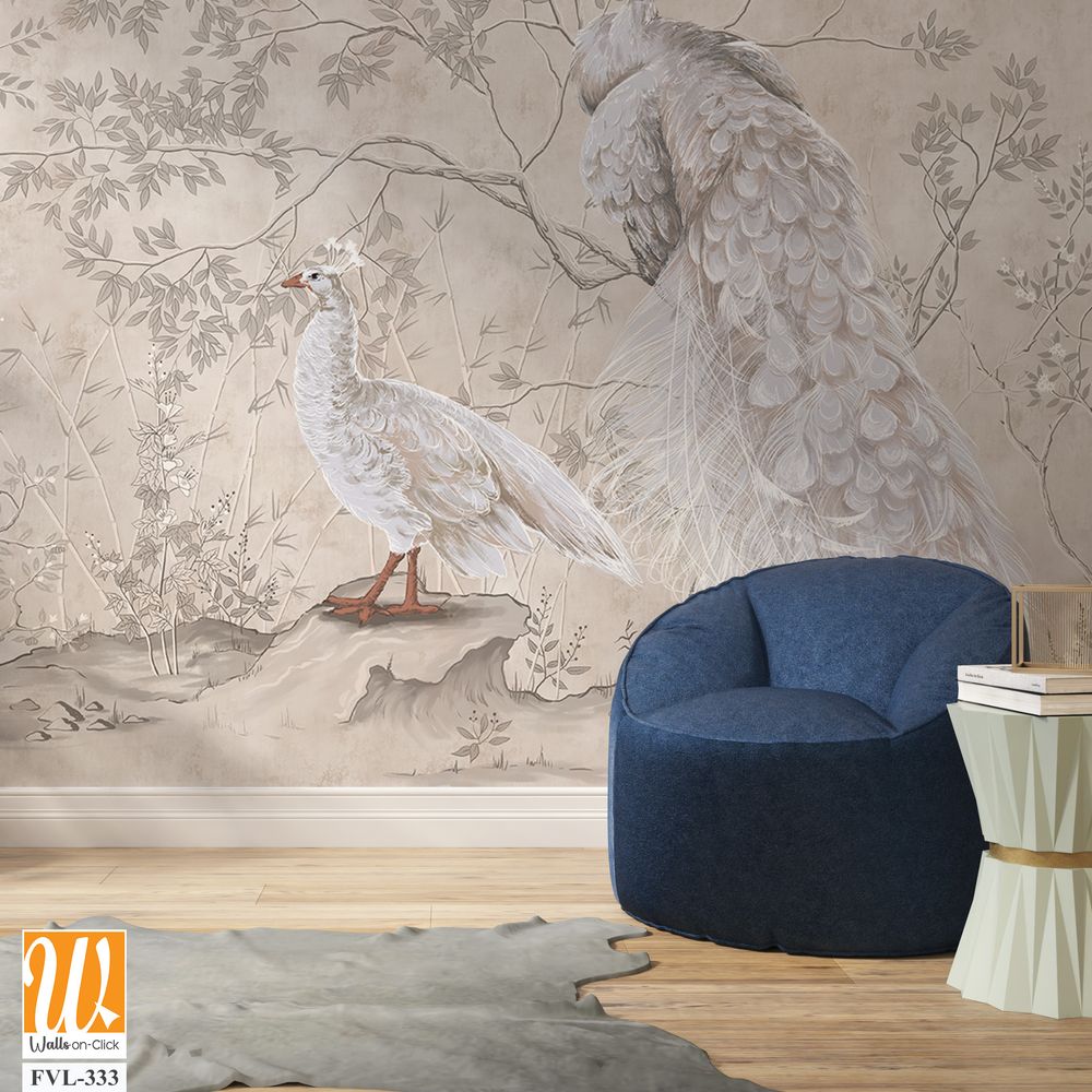 Graphic illustration of a peacocks and trees. Design for interior project, wallpaper, photo wallpaper, mural, poster, home decor, card, packaging! [WP-FVL-333]