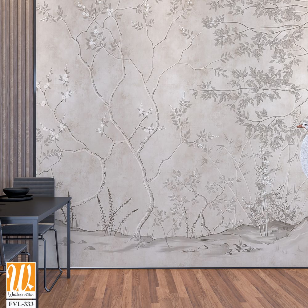 Graphic illustration of a peacocks and trees. Design for interior project, wallpaper, photo wallpaper, mural, poster, home decor, card, packaging! [WP-FVL-333]