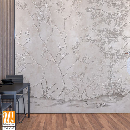 Graphic illustration of a peacocks and trees. Design for interior project, wallpaper, photo wallpaper, mural, poster, home decor, card, packaging! [WP-FVL-333]