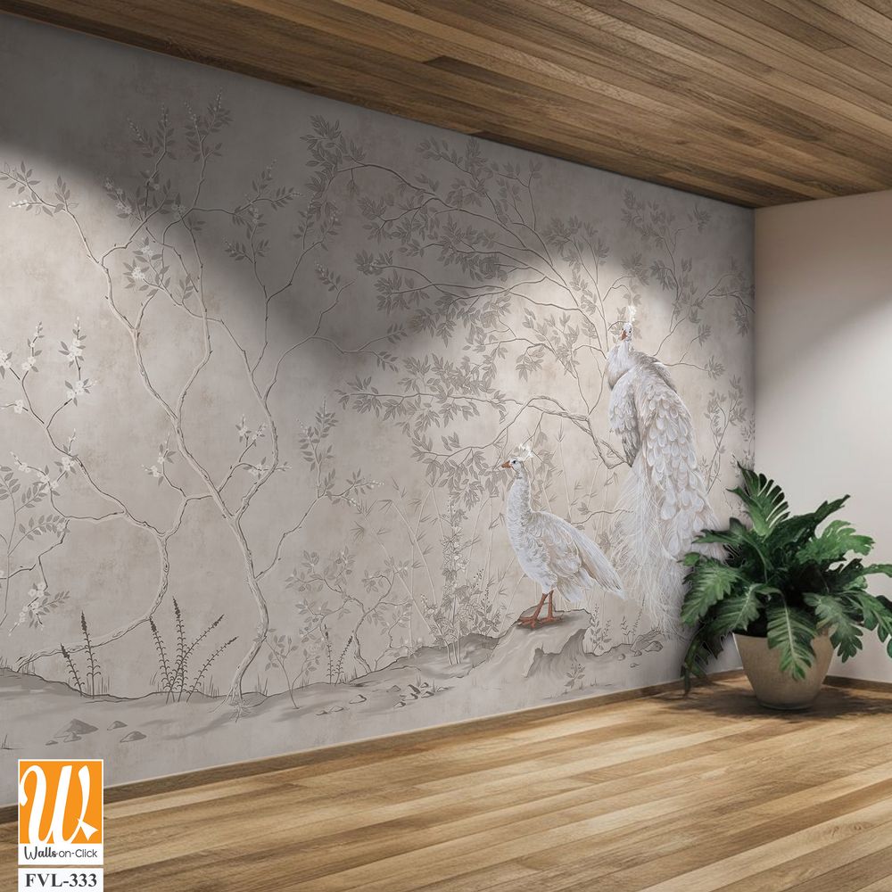 Graphic illustration of a peacocks and trees. Design for interior project, wallpaper, photo wallpaper, mural, poster, home decor, card, packaging! [WP-FVL-333]