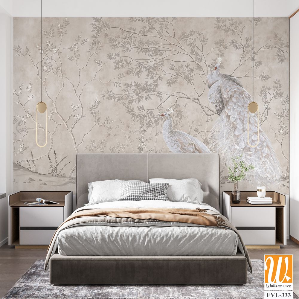 Graphic illustration of a peacocks and trees. Design for interior project, wallpaper, photo wallpaper, mural, poster, home decor, card, packaging! [WP-FVL-333]