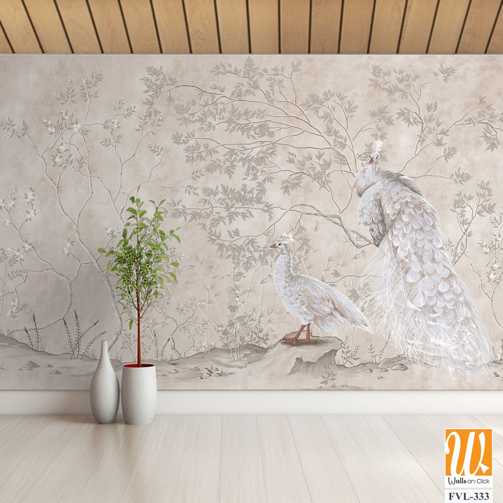 Graphic illustration of a peacocks and trees. Design for interior project, wallpaper, photo wallpaper, mural, poster, home decor, card, packaging! [WP-FVL-333]