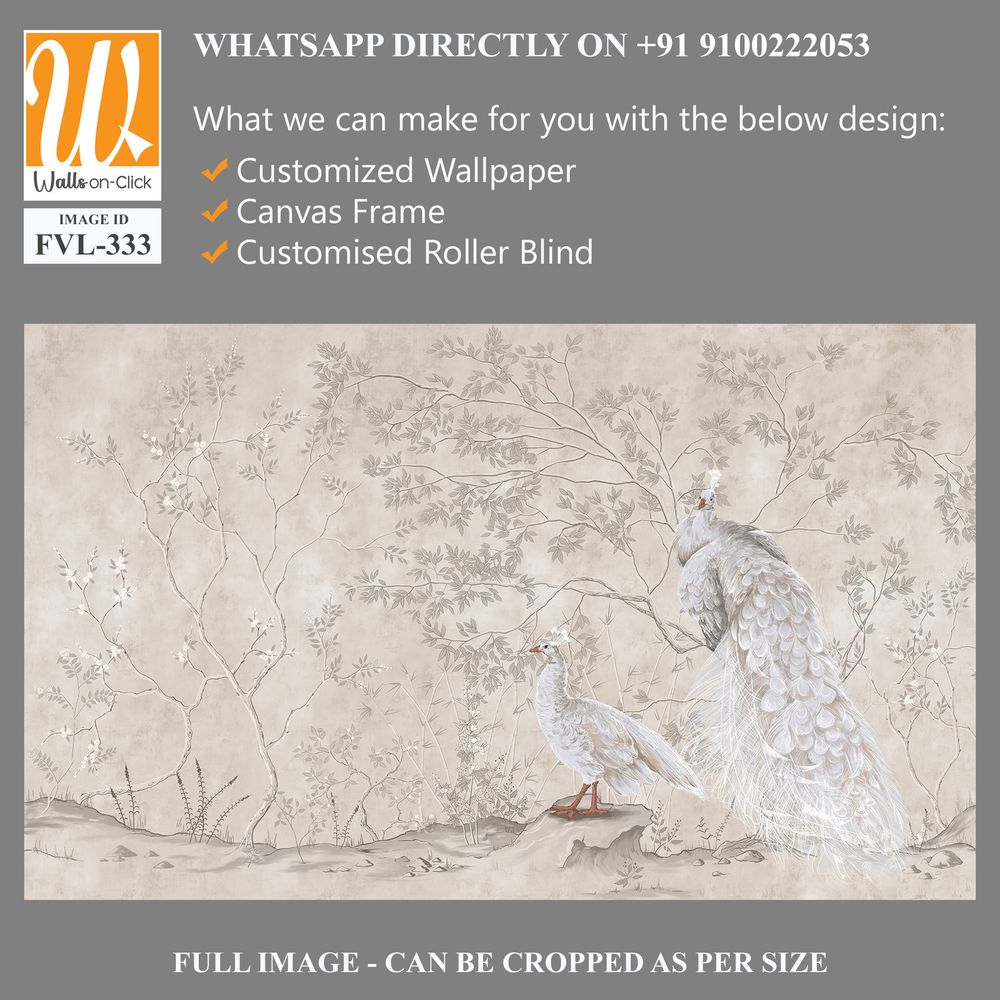 Graphic illustration of a peacocks and trees. Design for interior project, wallpaper, photo wallpaper, mural, poster, home decor, card, packaging! [WP-FVL-333]