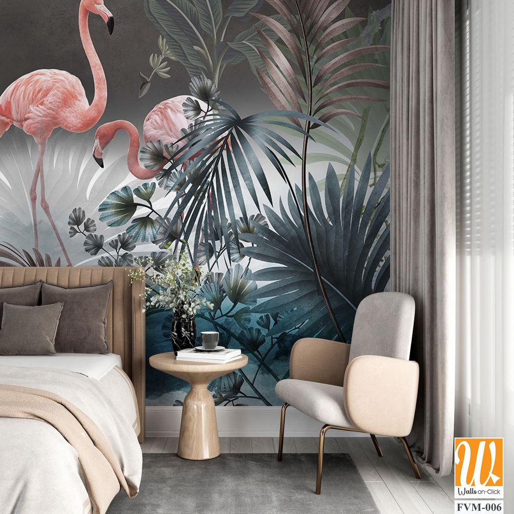 Watercolor painting of tropical plants and flamingos [WP-FVM-006]