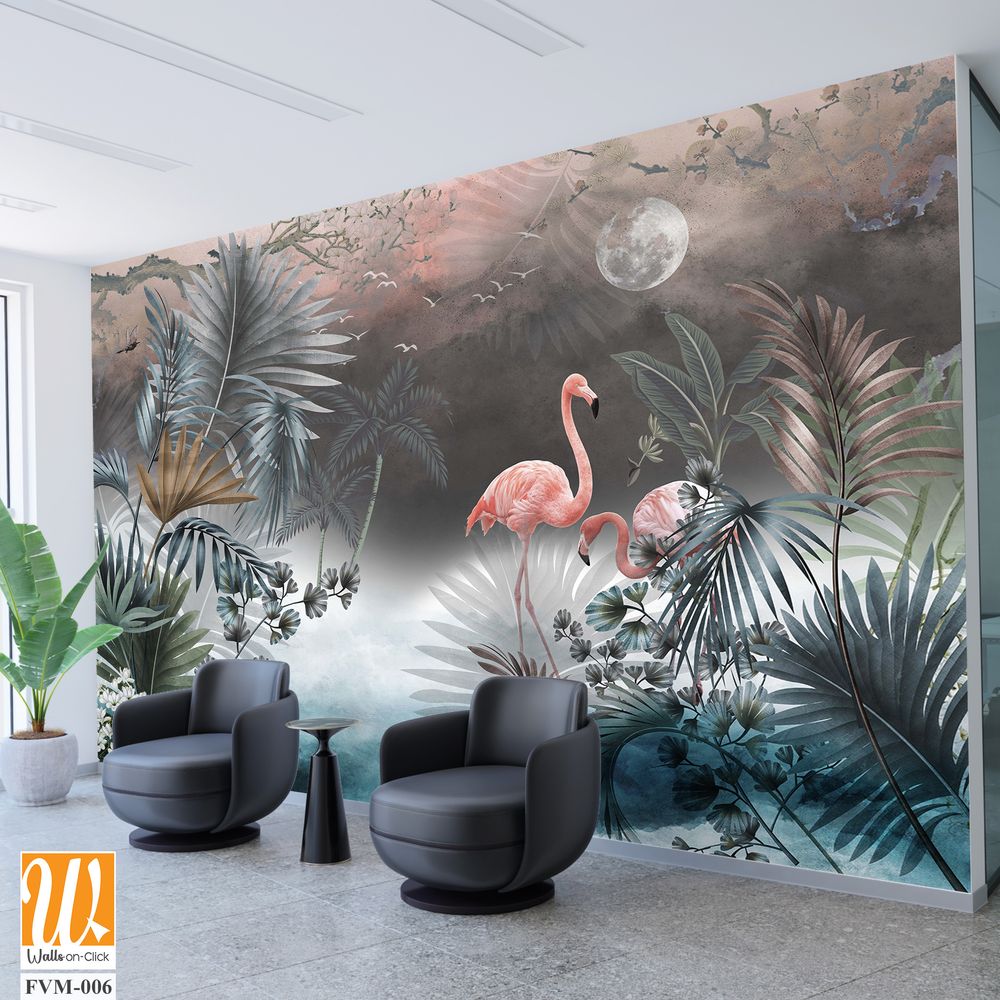Watercolor painting of tropical plants and flamingos [WP-FVM-006]