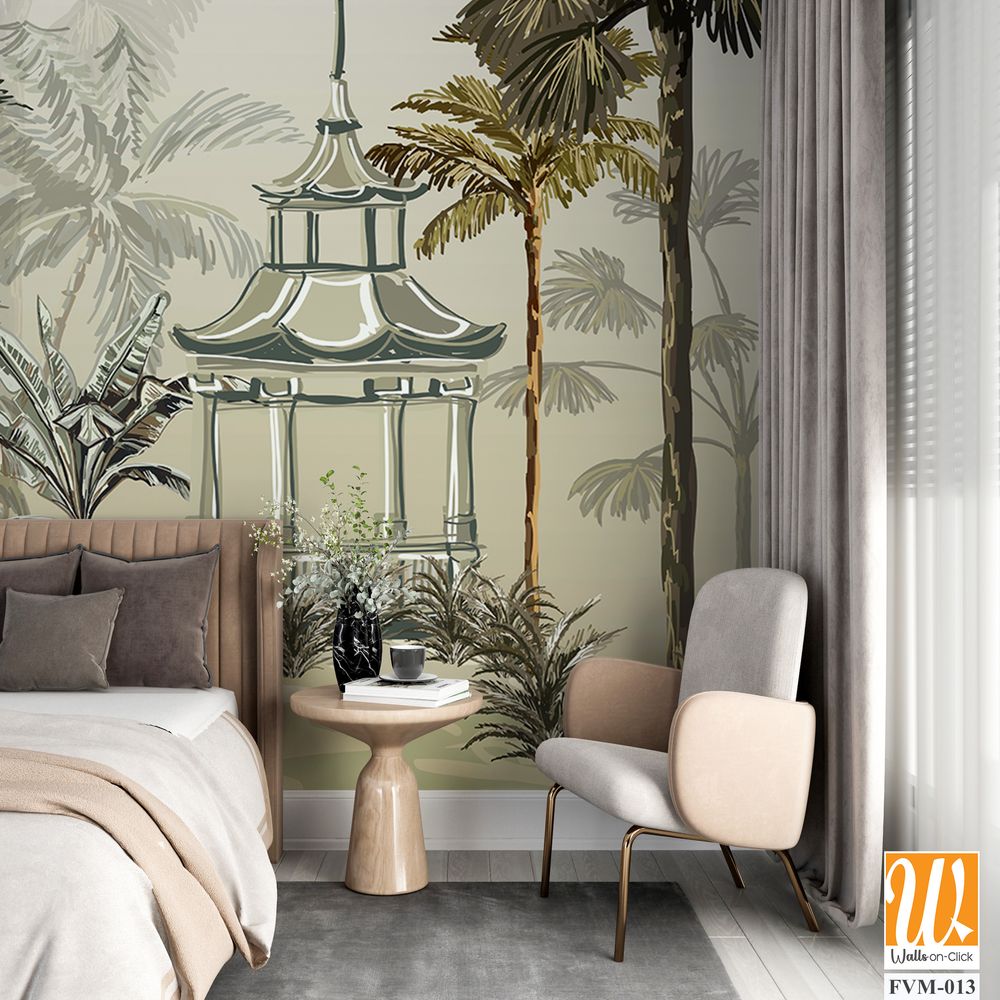 Tropical wallpapaer design with stork and pergola, natural background, mural art. [WP-FVM-013]