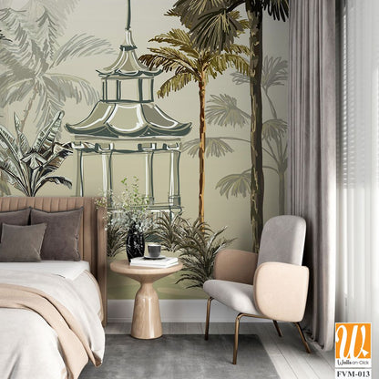 Tropical wallpapaer design with stork and pergola, natural background, mural art. [WP-FVM-013]