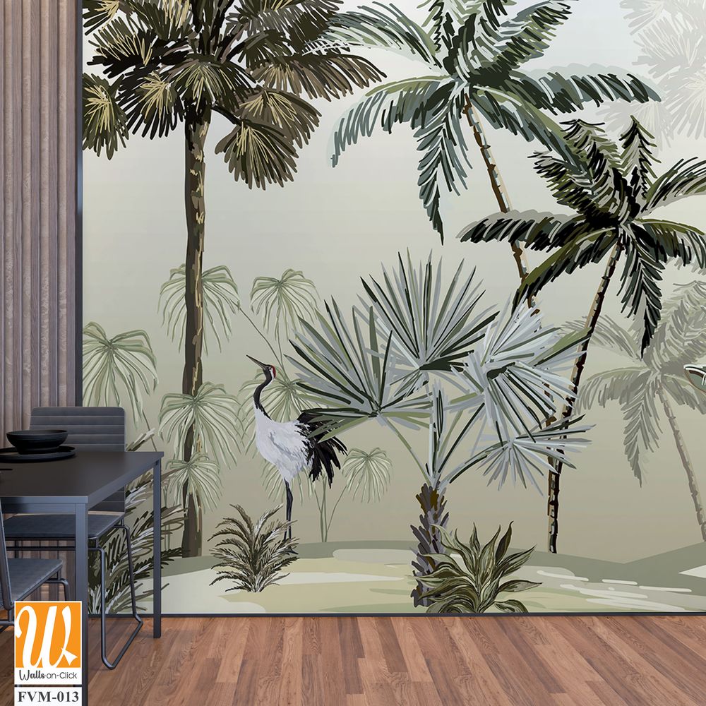 Tropical wallpapaer design with stork and pergola, natural background, mural art. [WP-FVM-013]