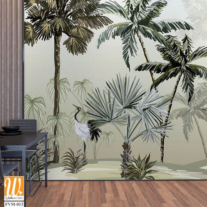 Tropical wallpapaer design with stork and pergola, natural background, mural art. [WP-FVM-013]