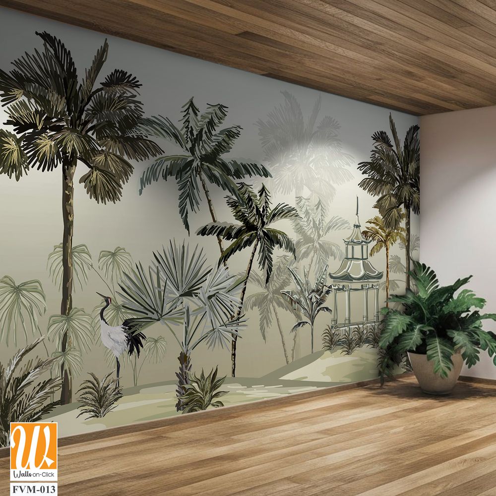 Tropical wallpapaer design with stork and pergola, natural background, mural art. [WP-FVM-013]