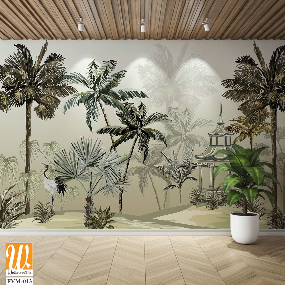 Tropical wallpapaer design with stork and pergola, natural background, mural art. [WP-FVM-013]