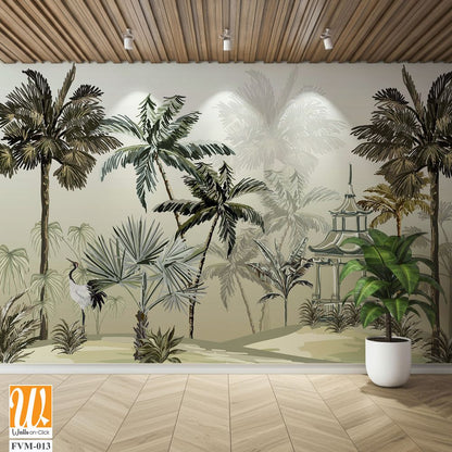 Tropical wallpapaer design with stork and pergola, natural background, mural art. [WP-FVM-013]