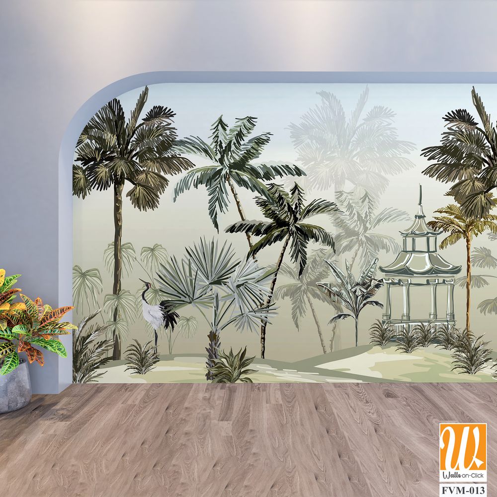 Tropical wallpapaer design with stork and pergola, natural background, mural art. [WP-FVM-013]