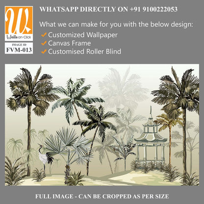 Tropical wallpapaer design with stork and pergola, natural background, mural art. [WP-FVM-013]