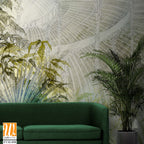 Greenhouse with tropical plants art drawing in pastel style with texture watercolor background photo wallpaper [WP-FVM-098]