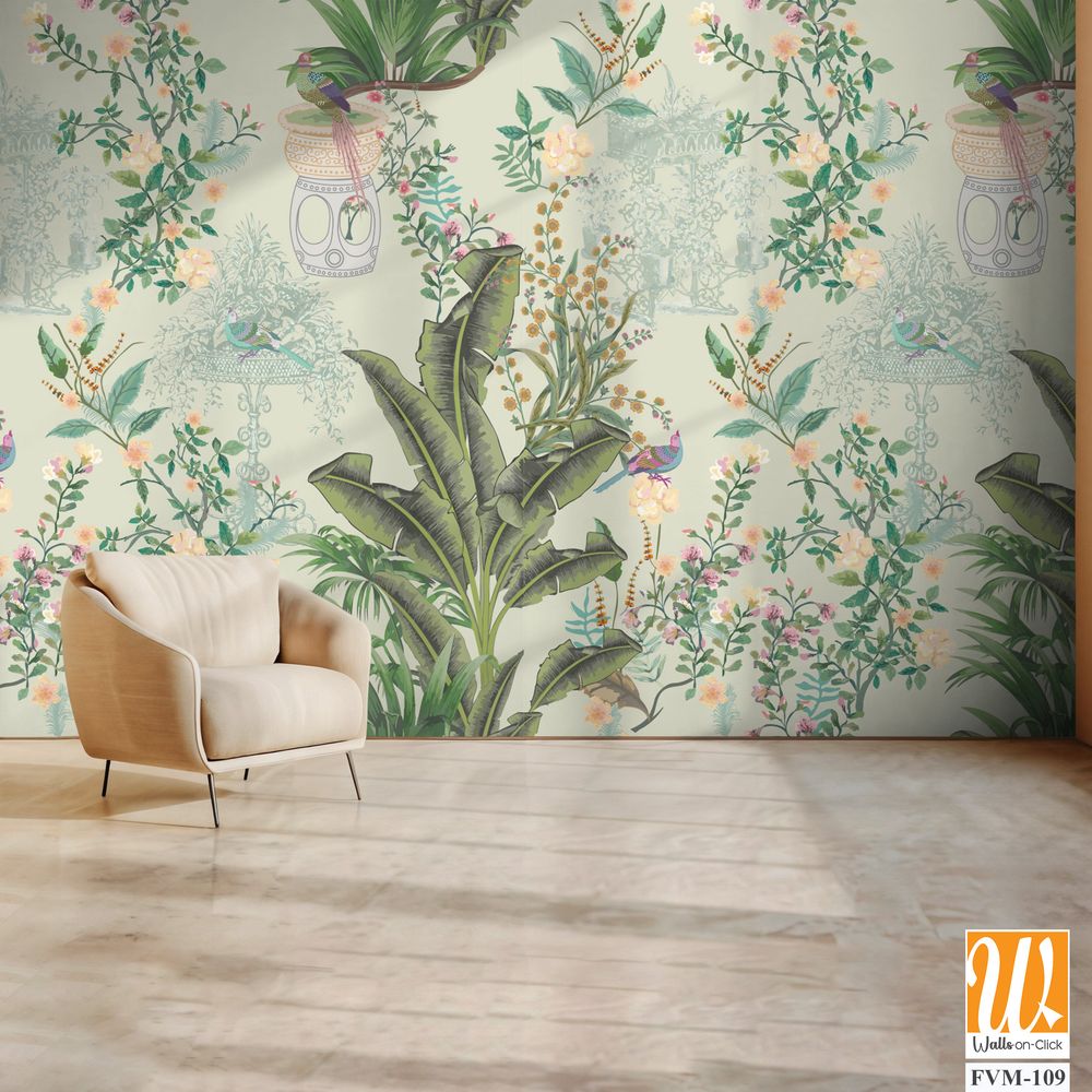 Vintage decorative garden seamless pattern for wallpaper. Traditional flower and bird Chinoiserie illustration for background [WP-FVM-109]