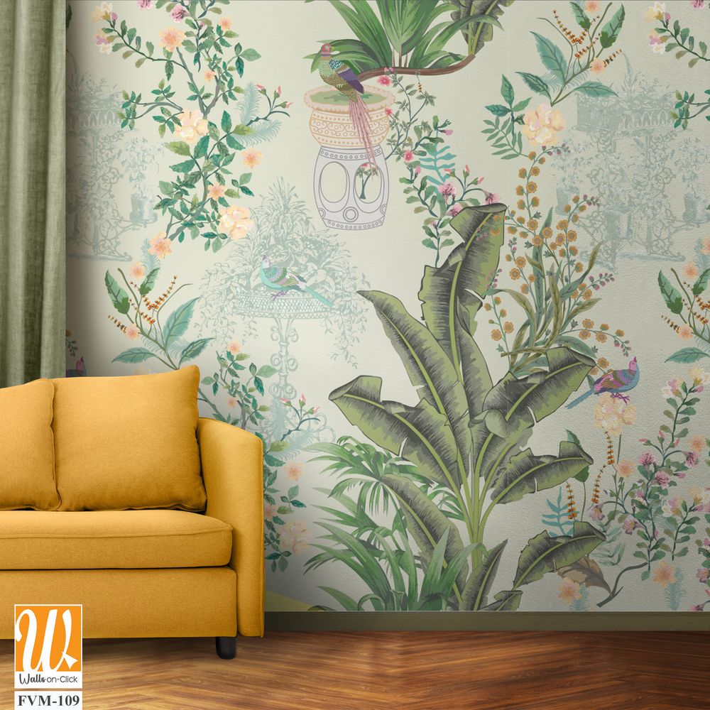 Vintage decorative garden seamless pattern for wallpaper. Traditional flower and bird Chinoiserie illustration for background [WP-FVM-109]