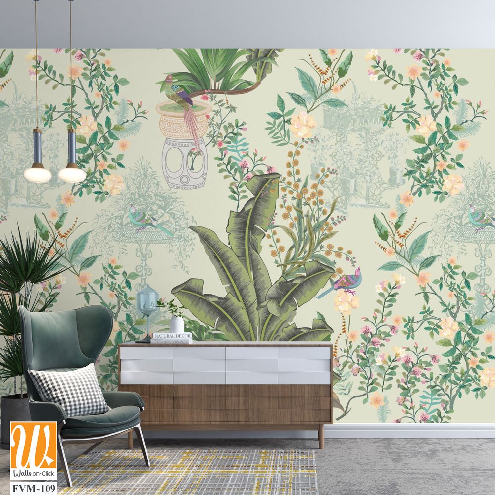 Vintage decorative garden seamless pattern for wallpaper. Traditional flower and bird Chinoiserie illustration for background [WP-FVM-109]