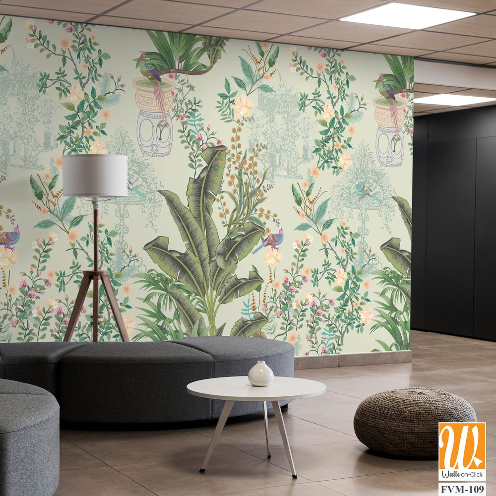 Vintage decorative garden seamless pattern for wallpaper. Traditional flower and bird Chinoiserie illustration for background [WP-FVM-109]